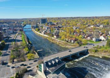 An aerial of the city of Cambridge, Ontario, Canada by the Grand River